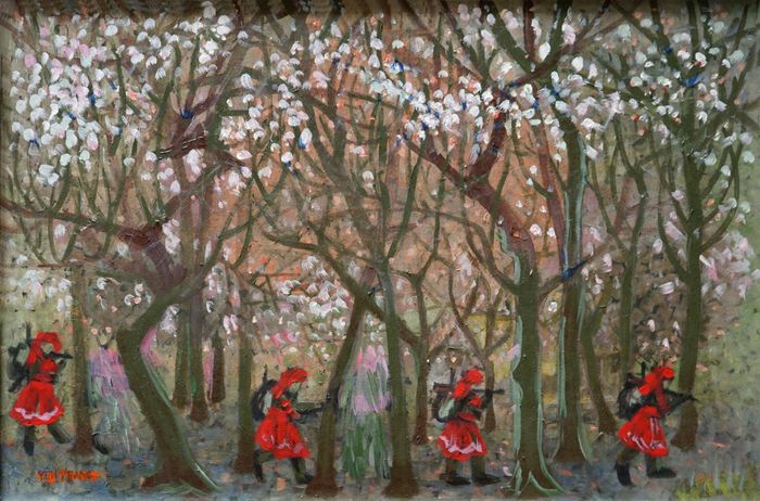 Tác phẩm "Mùa hoa mận" (acrylic) của họa sĩ Nguyễn Thị Yên Trang.