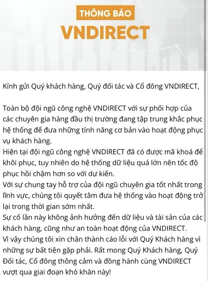 Thông báo của VNDirect gửi đến cổ đông và nhà đầu tư. Ảnh:VNDirect.