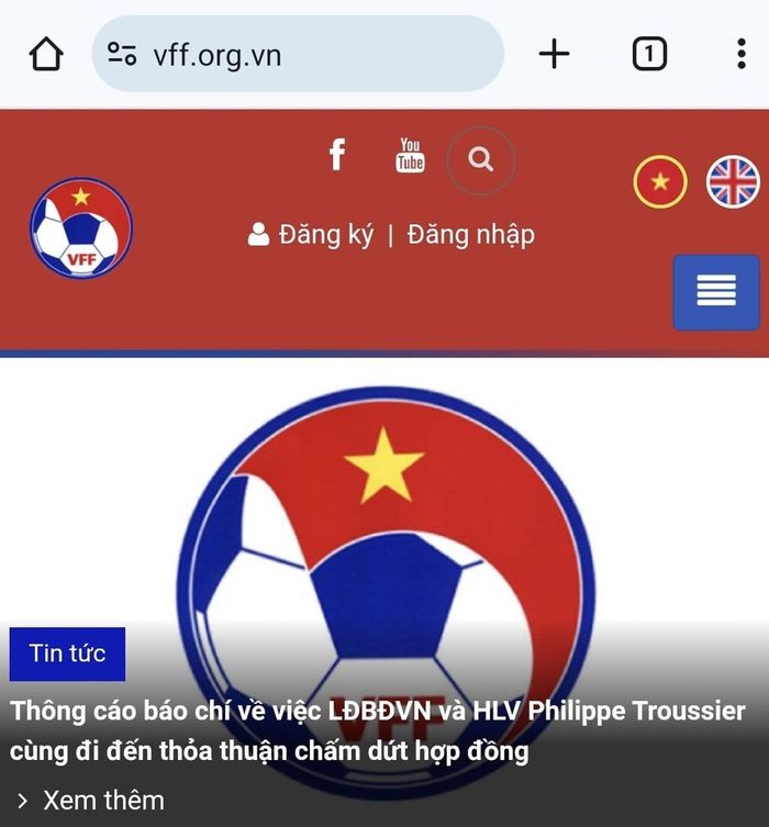  Thông báo trên trang chủ của VFF. 