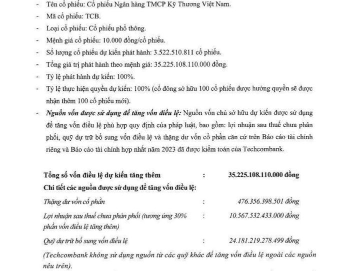 Chi tiết kế hoạch tăng vốn của Techcombank. Nguồn: TCB.