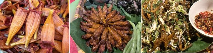 Mâm cơm đãi khách với nhiều món ngon chế biến từ hoa rừng của người dân tộc Thái trắng ở bản du lịch cộng đồng Nà Sự, huyện Nậm Pồ, tỉnh Điện Biên. Ảnh: B.Nguyên
