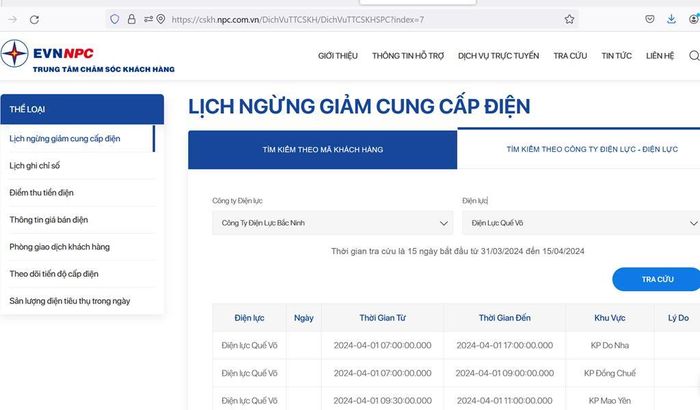 Lịch cắt điện Bắc Ninh ngày mai 1/4 cập nhật tại website của EVNNPC. Ảnh: BNEWS/TTXVN