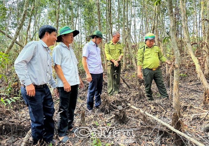 Ông Nguyễn Minh Nhứt, Bí thư Huyện ủy Trần Văn Thời (đứng giữa), cùng lực lượng kiểm lâm trên địa bàn kiểm tra công tác PCCCR của địa phương.