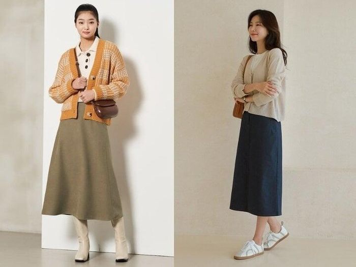 Áo cardigan kết hợp chân váy dài là một cách phối đồ mang đậm phong cách thời trang retro.