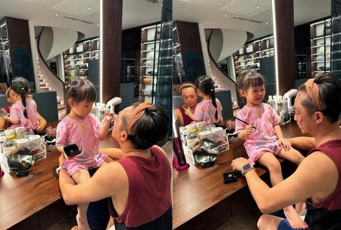 Sự đáng yêu ấy khiến Đàm Thu Trang thích thú. Cô dí dỏm nhận xét ông xã: "Ra đường là cá mập… về nhà là cá con".