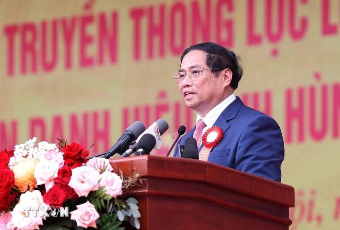  Thủ tướng Phạm Minh Chính phát biểu tại Lễ kỷ niệm 50 năm Ngày truyền thống lực lượng Cảnh sát Cơ động. (Ảnh: Dương Giang/TTXVN) 