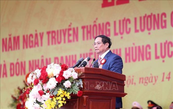 Thủ tướng Phạm Minh Chính phát biểu tại Lễ kỷ niệm 50 năm Ngày truyền thống lực lượng Cảnh sát cơ động. Ảnh: Dương Giang/TTXVN