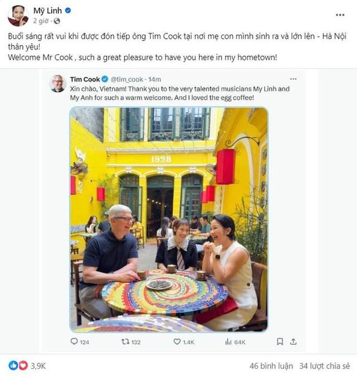 Hai mẹ con ca sĩ cảm thấy rất vinh dự khi có cơ hội gặp CEO Apple thông qua sự kết nối của một tập đoàn âm nhạc đa quốc gia có trụ sở tại Việt Nam.
