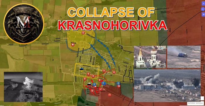 Bản đồ chiến sự Ukraine tại Krasnohorivka, bắc Marinka ngày 16/4. Trong đó, Nga kiểm soát phần màu nâu, các mũi tên đỏ thể hiện hướng tấn công của họ, những khu vực cắm cờ là nơi lực lượng Moscow đã giành được, những mũi tên xanh là hướng Kiev tháo chạy (Ảnh: Military Summary).