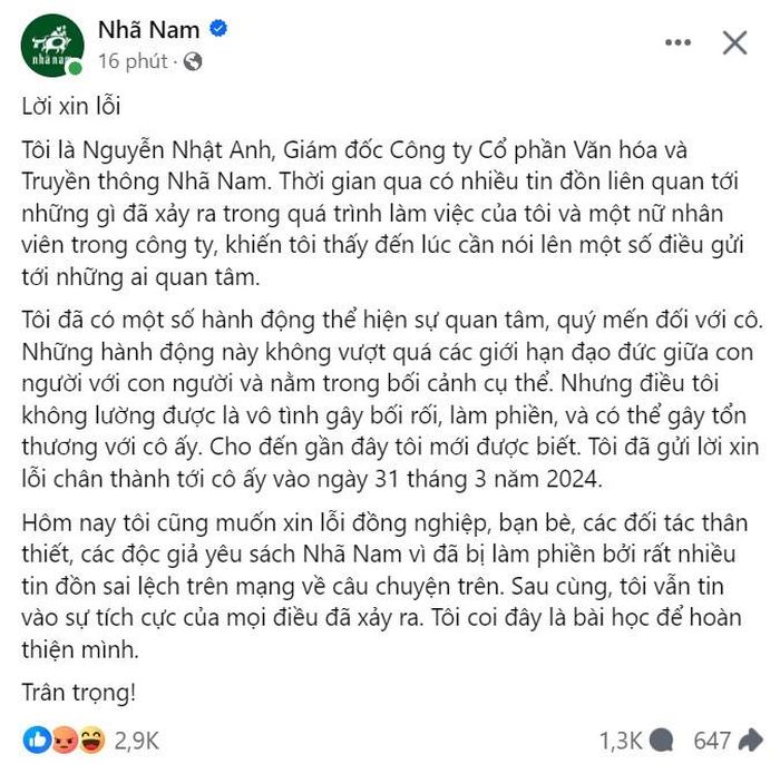 Bài đăng của ông Nguyễn Nhật Anh trên tài khoản tick xanh của Nhã Nam.