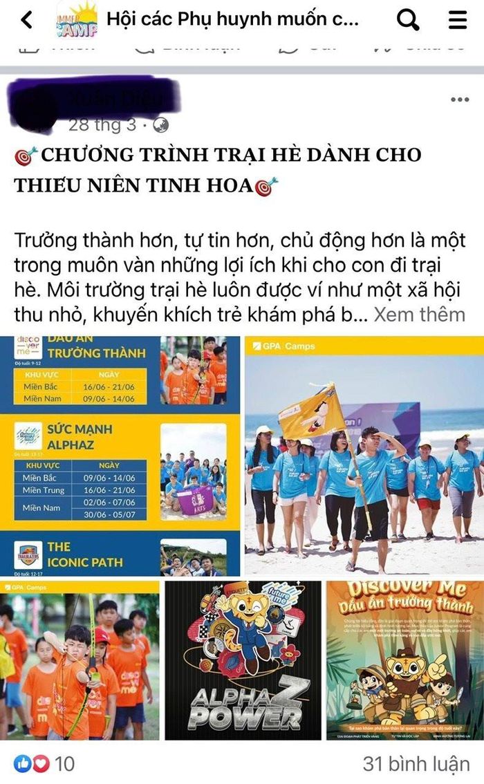 Các trại hè được quảng cáo trên mạng xã hội.