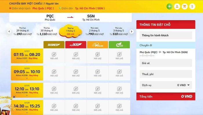  Chặng Phú Quốc - TP.HCM ngày 1-5 hết vé. Ảnh chụp màn hình ngày 24-4. 
