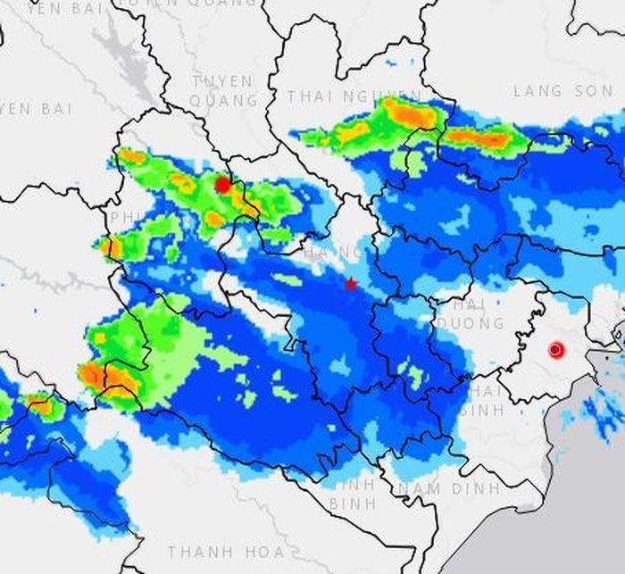  Cơn dông xuất hiện ở Hà Nội, chụp qua radar lúc 14 giờ chiều 24-4. Nguồn: Trung tâm Dự báo khí tượng - thủy văn quốc gia 