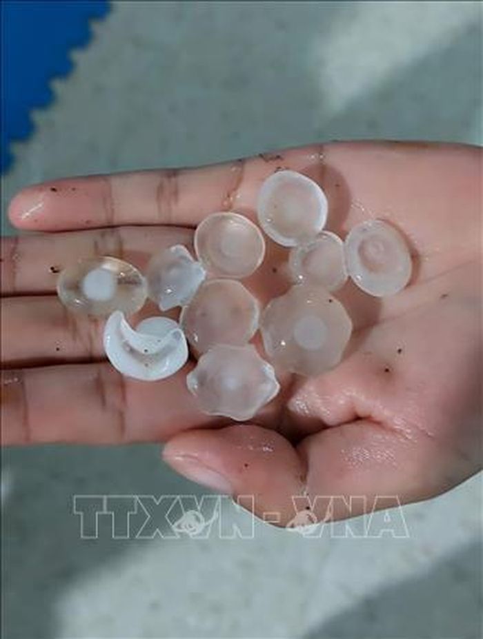 Mưa đá dữ dội trút xuống tại một số địa bàn của huyện Văn Bàn, tỉnh Lào Cai. Ảnh: TTXVN phát