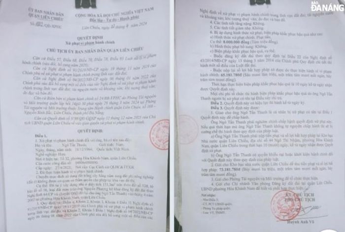 Dù 2 lần có văn bản trả lời công dân hồ sơ xin cấp sổ đỏ không vi phạm các quy định pháp luật, nhưng sau đó Phòng Tài nguyên và Môi trường quận Liên Chiểu lại tham mưu UBND quận Liên Chiểu ban hành quyết định xử phạt hành chính. Ảnh: N.Đ