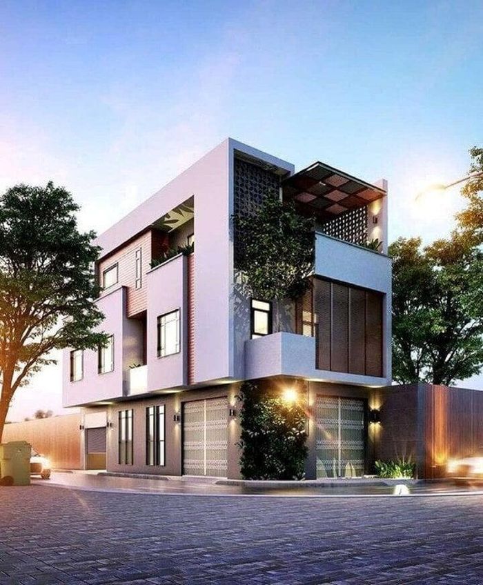 Mẫu nhà 2 mặt tiền được thiết kế tận dụng tối đa các mặt để lấy sáng. (Ảnh: Trongoixaynha)