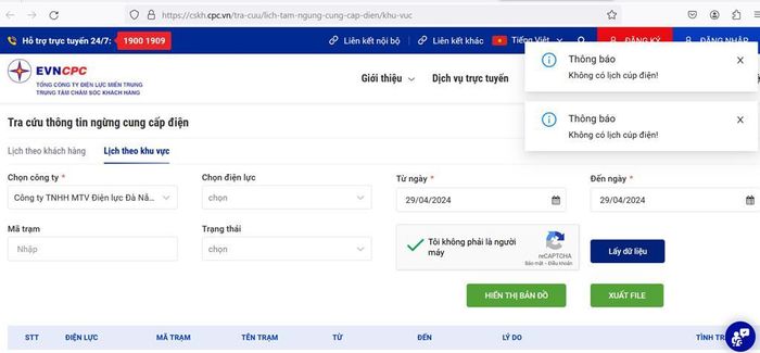 Lịch cắt điện Đà Nẵng ngày 29/4 cập nhật tại website của EVNCPC không có lịch cắt điện. Ảnh: BNEWS/TTXVN