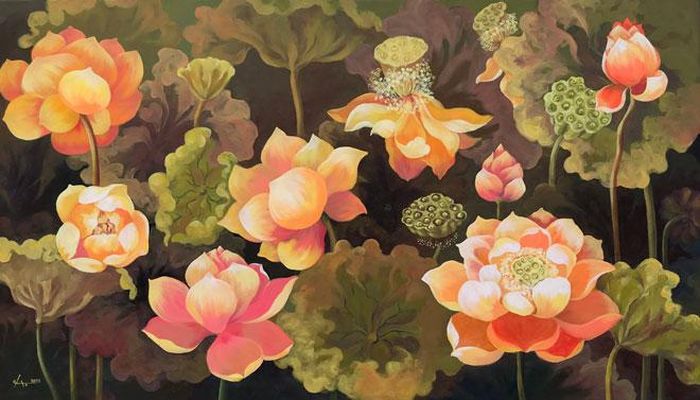 Tác phẩm "Sen hạ" với lối sử dụng màu tinh tế, sang trọng của họa sĩ trẻ Nguyễn Thị Đào.