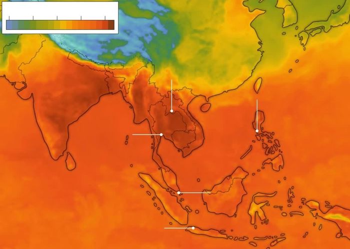  Nắng nóng tấn công các nước Đông Nam Á. Ảnh: Windy, Accuweather. 