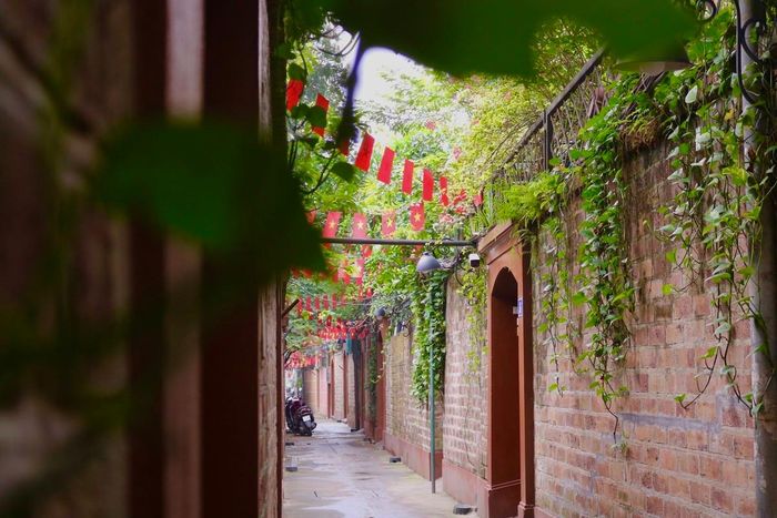 Những chiếc cổng được sơn màu tùy thích của gia chủ, có đỏ, nâu và cả xanh nhưng màu nâu sẽ chiếm phần lớn. Tại đây, người dân còn bài trí trên những lá cờ Tổ quốc khiến cho con ngõ nhỏ trở nên lung linh, bắt mắt hơn.