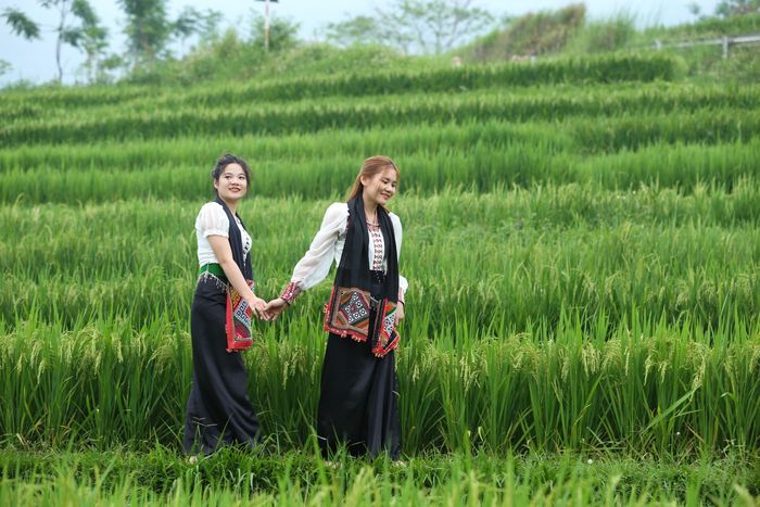 Chụp ảnh bên ruộng lúa bậc thang là điểm nhấn khi trải nghiệm du lịch tại Pù Luông. (Ảnh: Anh Hoàng).