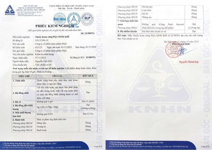 PQA Sinh Khí đạt tiêu chuẩn cơ sở.
