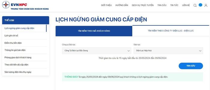 Lịch cắt điện Bắc Giang ngày mai 30/5 tại website của EVNNPC. Ảnh: BNEWS phát