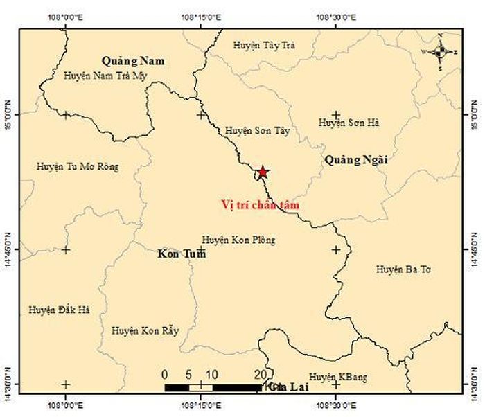 Vị trí chấn tâm động đất ở Quảng Ngãi.