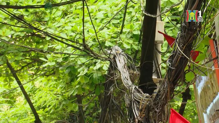Dây điện chằng chịt ở phố Phan Đình Giót