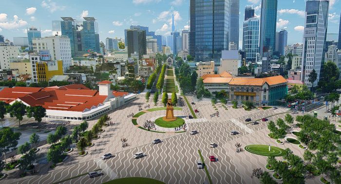Vùng 1 là quảng trường trước chợ Bến Thành có vị trí trung tâm. Diện tích nơi đây khoảng 23.320 m2, giới hạn bởi 4 tuyến đường là Phan Bội Châu (cửa Đông), Phan Chu Trinh (cửa Tây), Lê Thánh Tôn (cửa Bắc), quảng trường trước chợ (cửa Nam). Bốn tuyến đường này sẽ được lát đá toàn bộ. Vùng 2 là tiểu đảo trước tòa nhà Công ty CP Đường sắt Sài Gòn, diện tích hơn 2.470 m2. Vùng 3 là tiểu đảo phía trước dự án tứ giác Bến Thành với diện tích hơn 8.200 m2. Vùng 4 là mũi tàu công viên 23 tháng 9 có diện tích 11.800 m2. Các vùng 2, 3, 4 đều được bố trí các mảng xanh tạo cảnh quan, bóng mát. Ảnh: Quỳnh Danh, Sở Quy hoạch Kiến trúc TP.HCM.