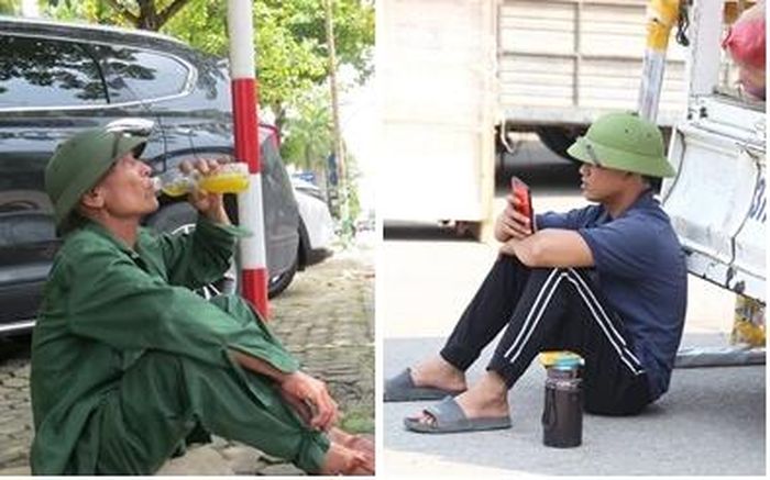 Người lao động tranh thủ tìm chỗ có bóng râm để nghỉ ngơi, uống nước.