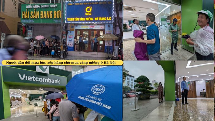 Người dân đội mưa lớn, xếp hàng chờ mua vàng miếng ở Hà Nội