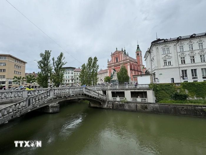  Cây cầu Ba làn (Tromostovje) nối trung tâm phố cổ của Ljubljana với khu trung tâm thương mại của thủ đô. (Ảnh: Ngọc Biên/TTXVN) 