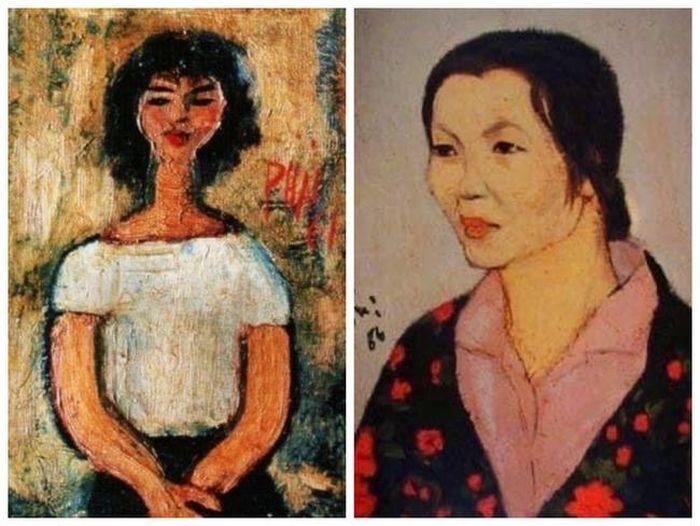 Chân dung bà Phái (Bùi Xuân Phái vẽ năm 1952, lúc này ông 32 tuổi còn bà là 25) và bức chân dung cuối cùng Bùi Xuân Phái vẽ tặng vợ (bên phải)
