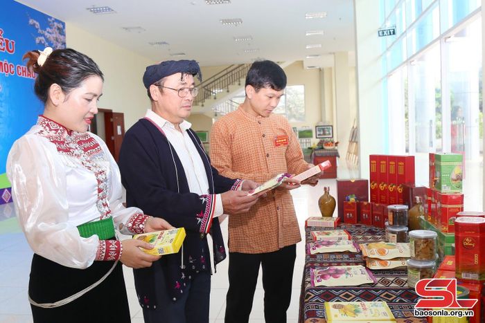 Các đại biểu tham quan gian hàng trưng bày các sản phẩm OCOP huyện Mộc Châu.