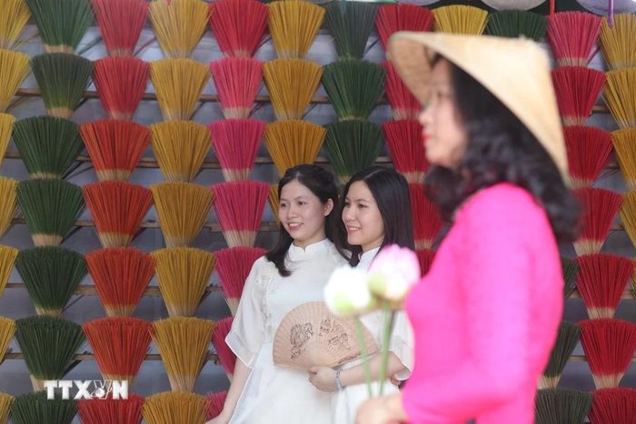  Du khách khi đến Thủy Xuân đều thích thú chụp ảnh với không gian đa sắc màu. (Ảnh: Đinh Ngọc Liên/TTXVN) 