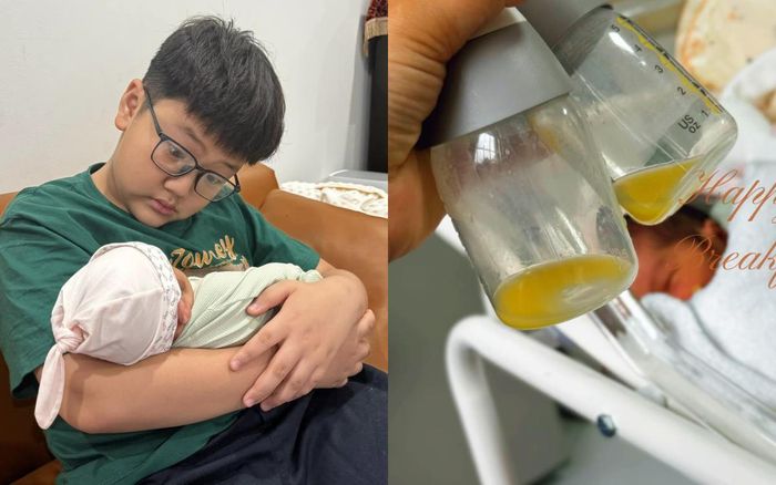 Con trai Thu Quỳnh hết mực yêu thương em, người đẹp lộ rõ sự hạnh phúc khi chứng kiến tình cảm quý tử dành cho em gái. Ảnh: FBNV