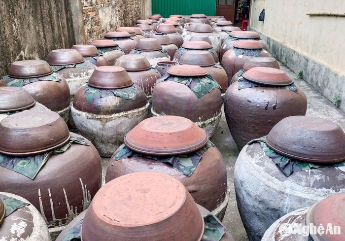 Tương được cho vào chum đậy kín để phơi nắng. Ảnh XH