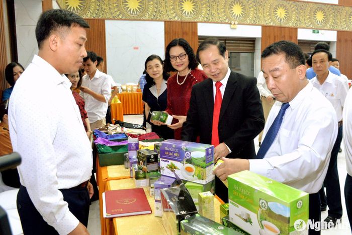 Lãnh đạo tỉnh và Liên minh HTX tỉnh tham quan các sản phẩm OCOP của các HTX trên địa bàn tỉnh. Ảnh: Xuân Hoàng