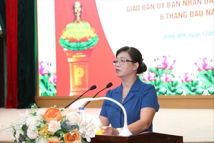Phó Chủ tịch UBND huyện Đông Anh Nguyễn Thị Tám báo cáo tại hội nghị. Ảnh: Đỗ Minh.