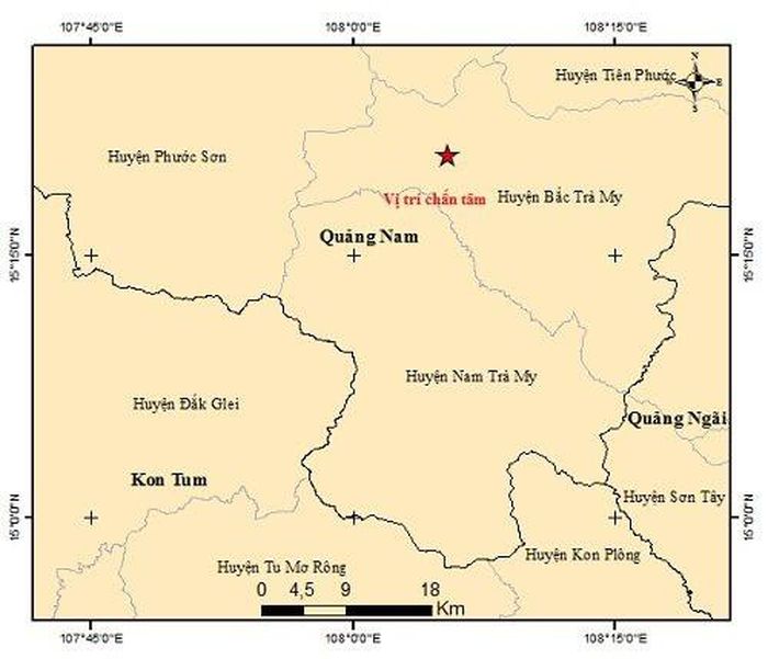 Vị trí tâm chấn động đất 3.4 độ richter ở huyện Nam Trà My. Ảnh: Viện vất lý địa cầu.