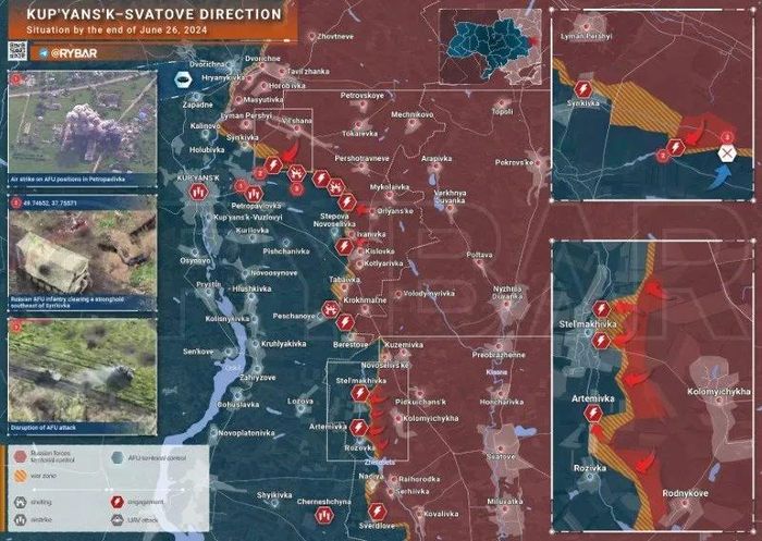 Bản đồ chiến sự Ukraine ngày 27/6, hướng Kupyansk. (Ảnh: Rybar)