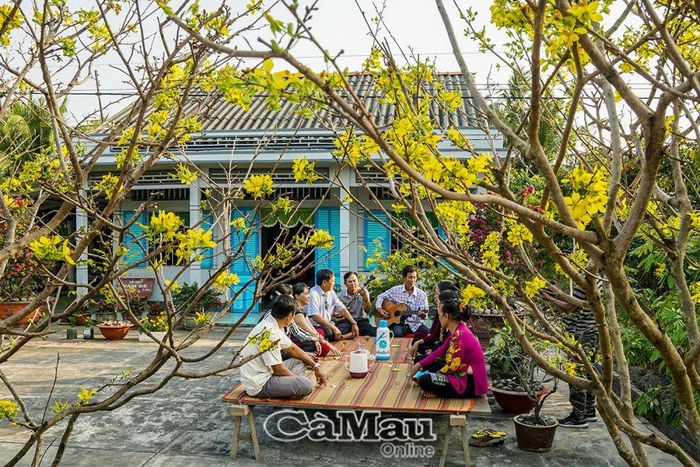 Cảnh sinh hoạt đờn ca tài tử Nam Bộ bên nếp nhà 3 gian được xây dựng thập niên 80 của ông Nguyễn Văn Bình, ở ấp Tân Thành, xã Tân Tiến, huyện Ðầm Dơi.
