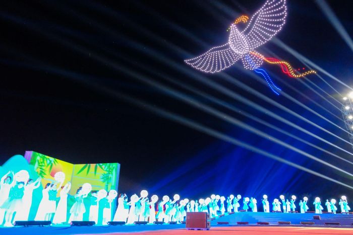 Hình ảnh chim bồ câu được drone light tạo hình trên cao - Ảnh: Trần Tuyền