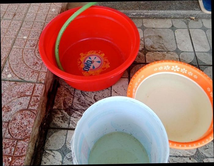 Nhiều hộ gia đình sử dụng các phương tiện như xô, chậu để hứng nước nhưng cũng không có nước mà dùng. Ảnh: Tiến Đông