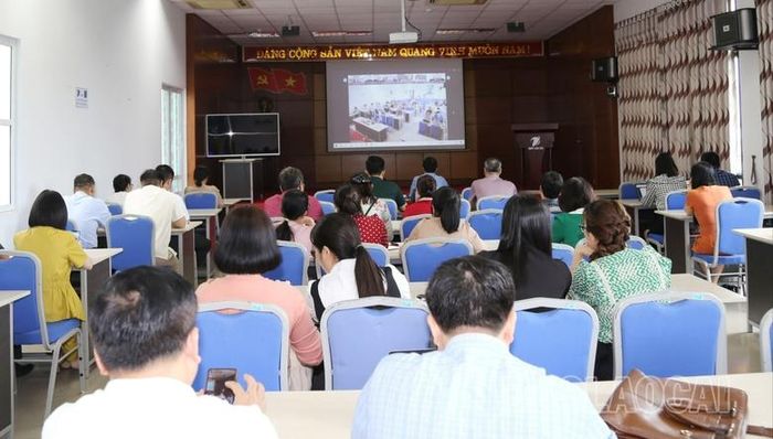 Quang cảnh hội nghị tại điểm cầu tỉnh Lào Cai.