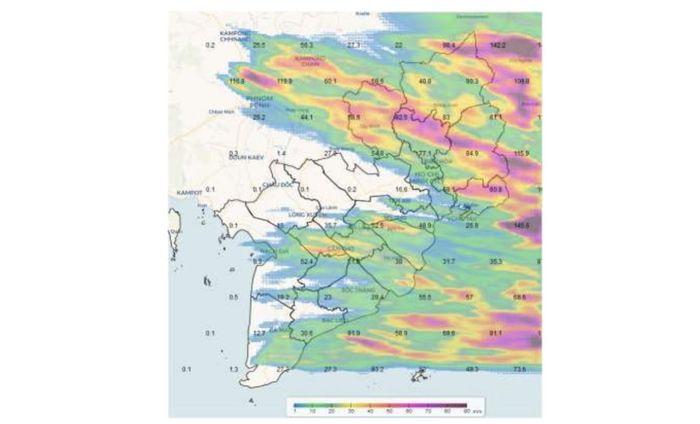 Bản đồ dự báo mưa từ 1 giờ ngày 14/7 đến 1 giờ ngày 15/7 ở khu vực Nam bộ. Nguồn: Đài Khí tượng Thủy văn khu vực Nam bộ
