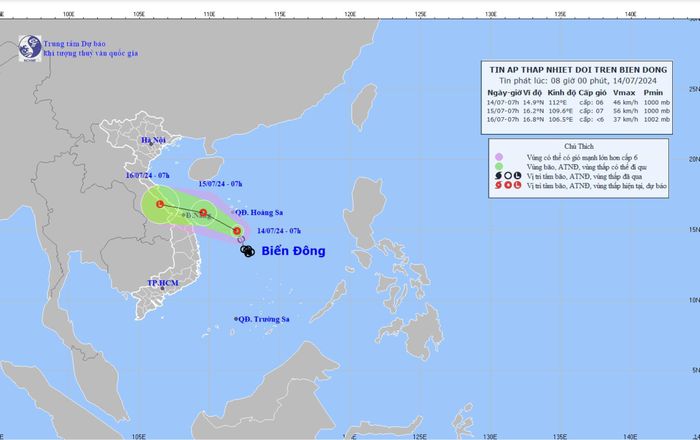 Dự báo hướng di chuyển của áp thấp nhiệt đới. Nguồn: Đài Khí tượng Thủy văn khu vực Nam bộ
