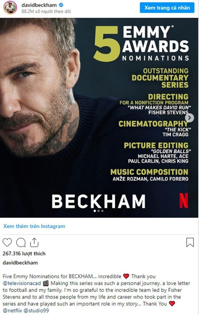 David Beckham có bài đăng "ăn nừng" cho 5 đề cử Emmy