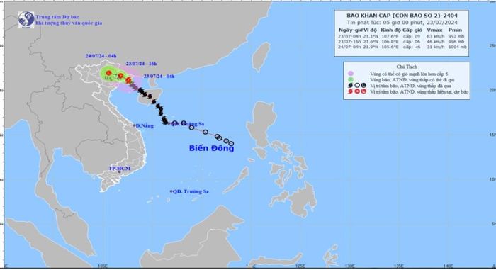 Bản đồ quỹ đạo và cường độ xoáy thuận nhiệt đới lúc 5h00 ngày 23/7/2024.